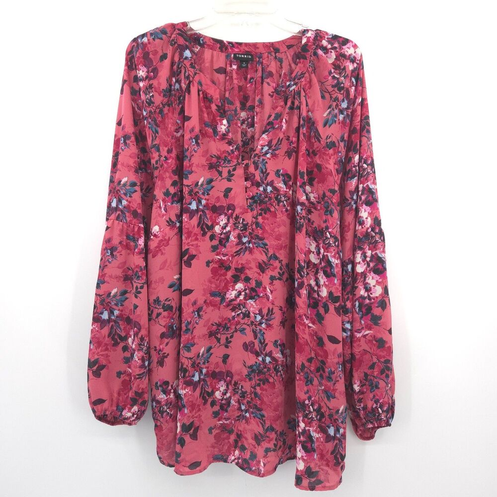 Torrid button popover tunic‎ top Size 3X pink floral long sleeves peasant
